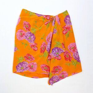VTG 90s Y2K DKNY Orange Semi-Sheer Hawaiian-Inspired Floral Pattern Wrap Skirt